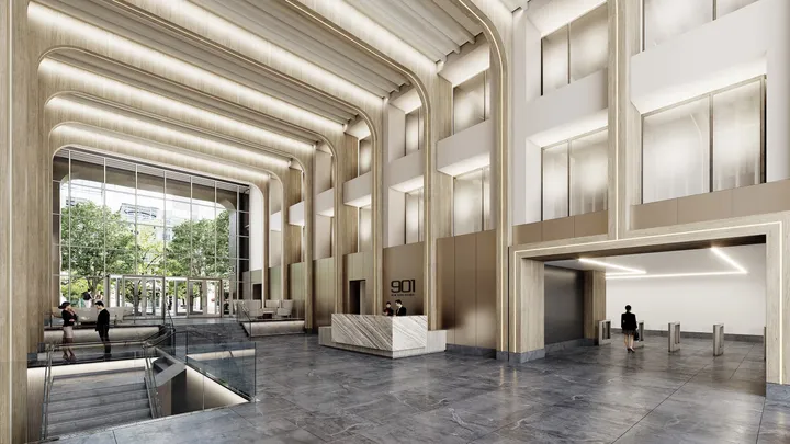 Modern lobby interior of 901 New York Avenue with seating area
