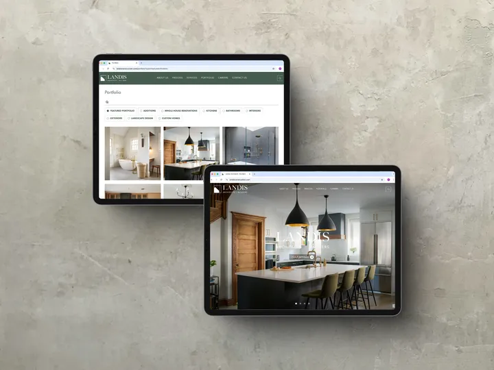 iPad mockup showing Landis Architects & Builders responsive website design