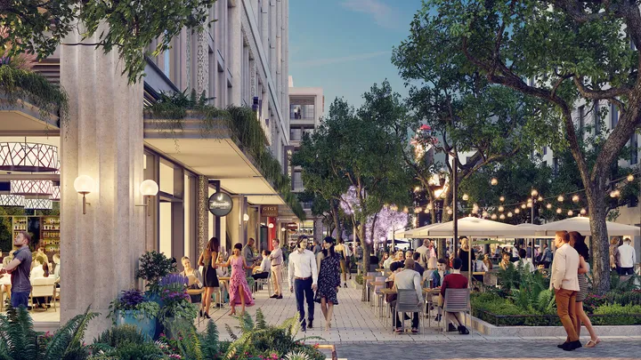 Pearl Square plaza with outdoor seating and pedestrian spaces