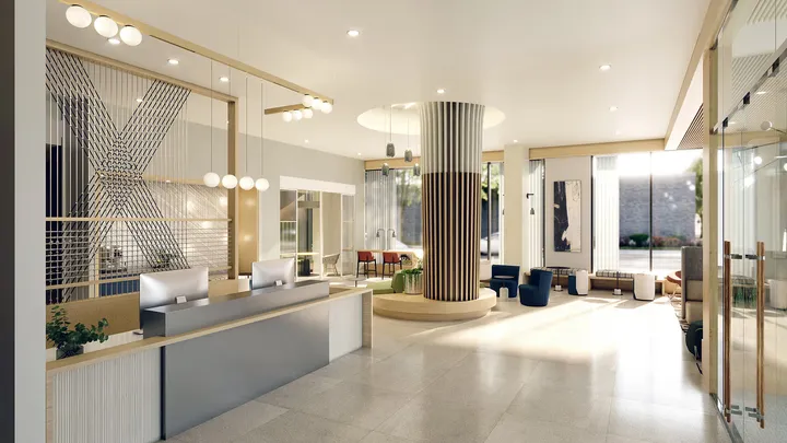 Raeburn building lobby with modern seating and reception area
