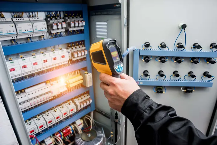 Energy audit process with technician checking building systems