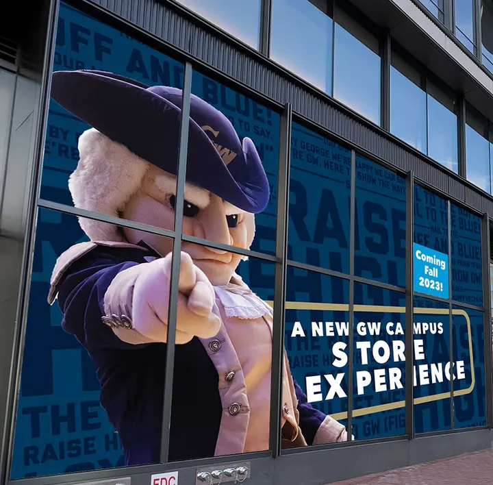 GW Campus Store window panels design mockup with university colors