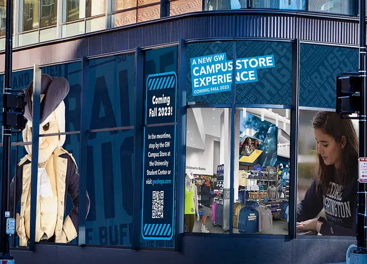GW Campus Store corner entrance window display mockup