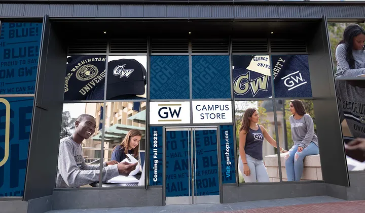 GW Campus Store I Street door entrance with branded signage