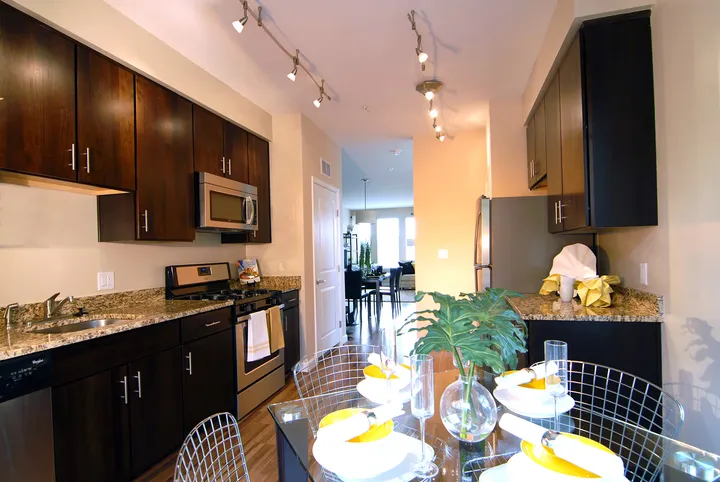Unit 1 kitchen interior at Sheridan Station showing finishes