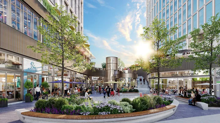 Architectural rendering of The Lyrik Back Bay development showing mixed-use retail and residential towers