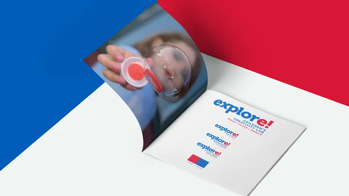 Explore! Children's Museum brand identity mockup with various branded materials