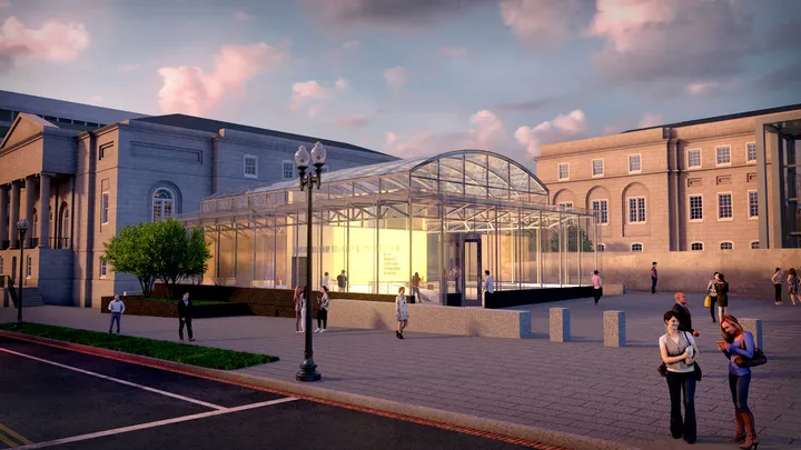 Evening exterior view of National Law Enforcement Officers Museum with lighting features
