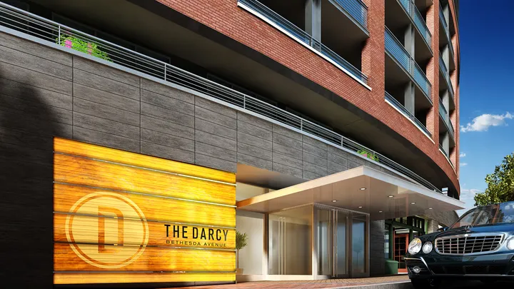 The Darcy logo integrated with architectural rendering of building entrance