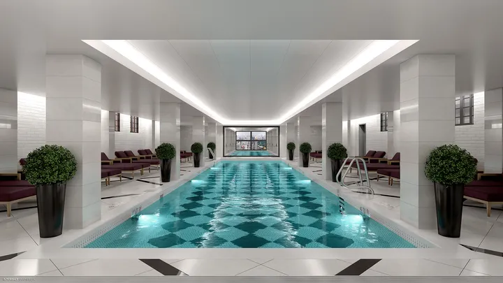 Indoor Art Deco Pool at Âme Apartments featuring elegant design and lighting