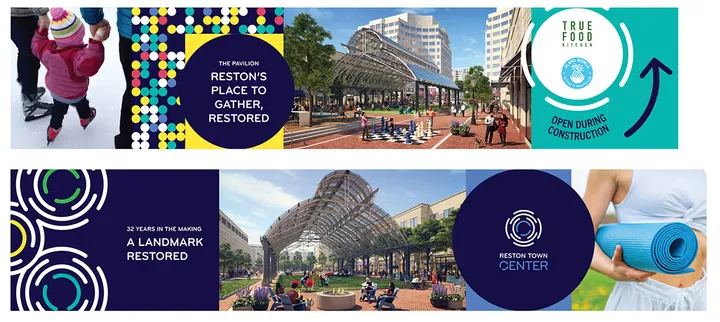 Reston Town Center banner design with fountain visualization on construction barrier