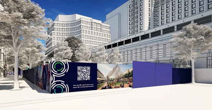 Detailed view of corner banner placement at Reston Town Center construction site