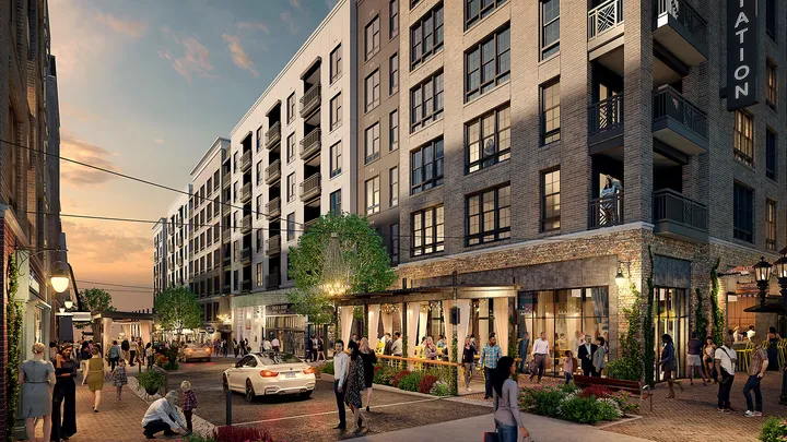 Southwest view of Seaboard Station development showing retail spaces and pedestrian areas