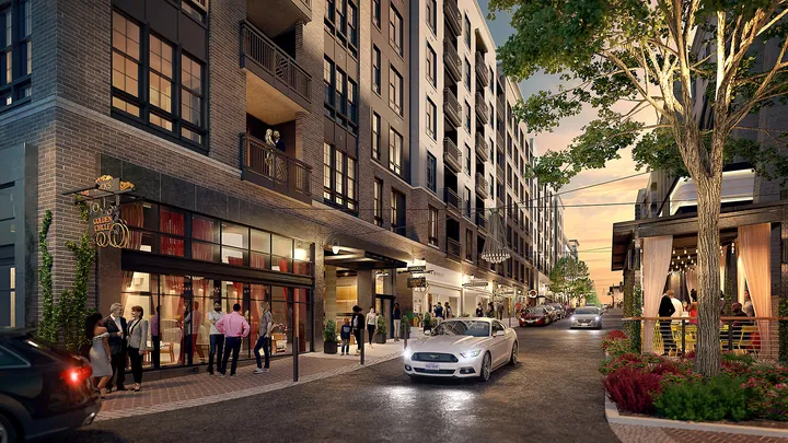 Evening view of Seaboard Station development with illuminated buildings and landscaping