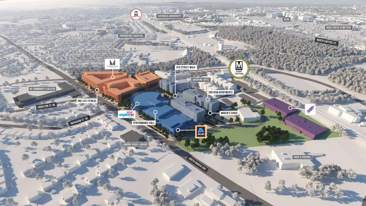 Aerial view of Art Place development from south perspective showing campus layout