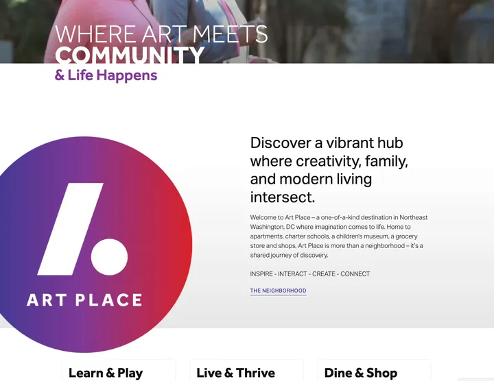 Art Place website retail section highlighting shopping and dining options