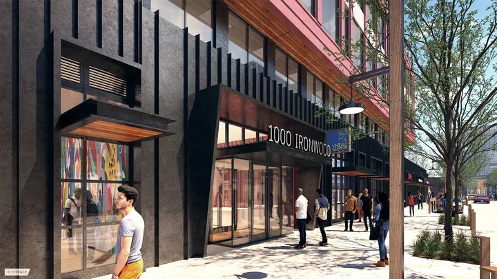 Riverfront perspective of River North Nashville development with pedestrian walkway