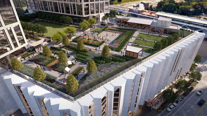 Aerial perspective of The Perch showing entire rooftop development and surroundings