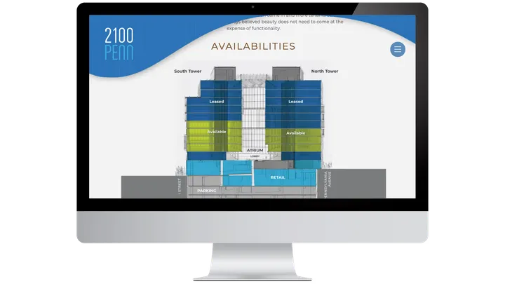 2100 Penn website display on iMac showing map and navigation features