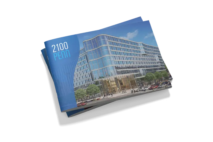 2100 Penn brochure cover featuring building imagery and modern typography