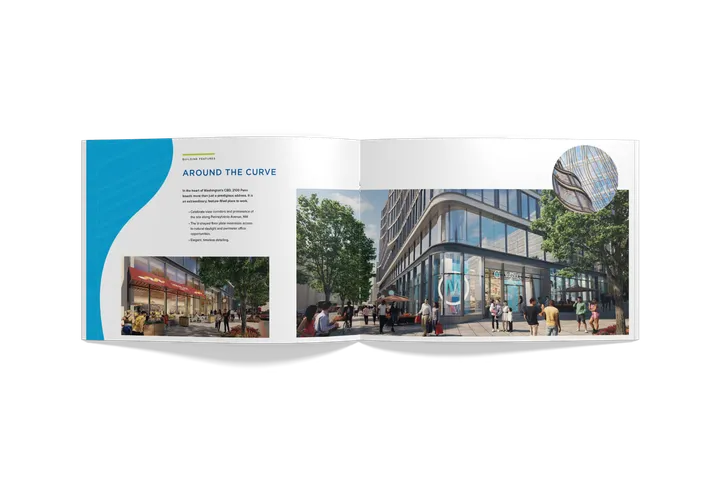 Interior spread from 2100 Penn brochure showing property features and amenities