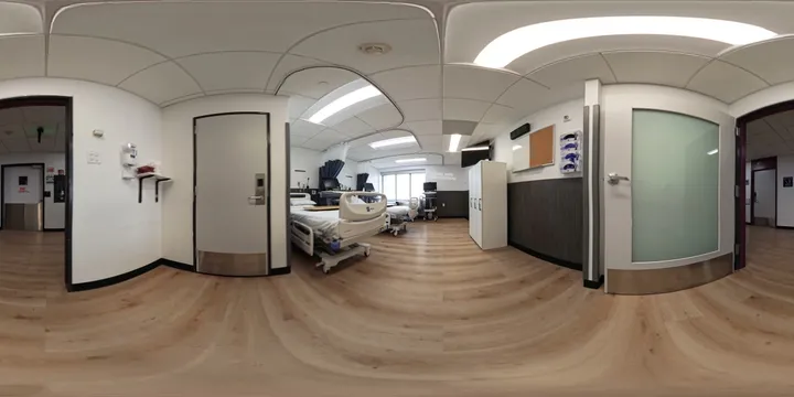 360-degree view of a flexible patient ward, with a hospital-style bed and wall signage reading Flexible Ward Configurations.
