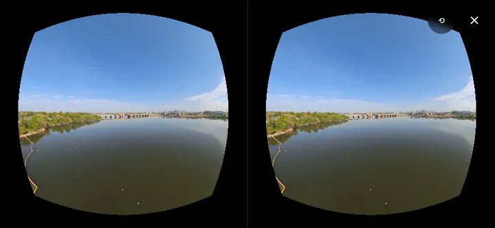 Screenshot of the headset mode, showing the split, lens-corrected view used inside the Cardboard viewer.