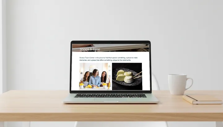 The Shops & Dine directory on a laptop, with shopping and dining category tiles.