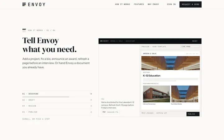 Home page pinned sequence, step one: "Tell Envoy what you need."