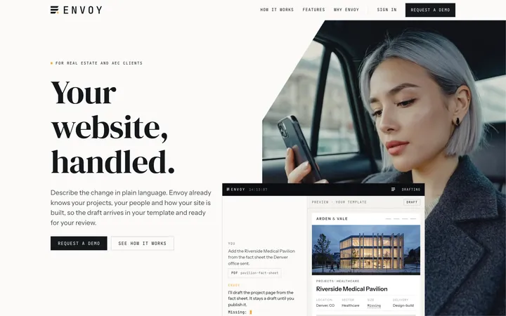 envoyai.co home page hero: "Your website, handled."
