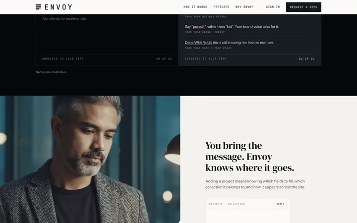 Home page section "You bring the message. Envoy knows where it goes." with a photograph cut at the mark's angle