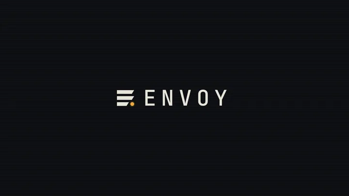 The Envoy lockup, three bars and an amber stop beside the ENVOY wordmark, on a night background
