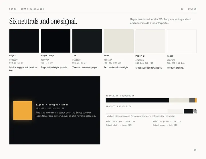 Envoy brand guidelines: the color palette, "Six neutrals and one signal."
