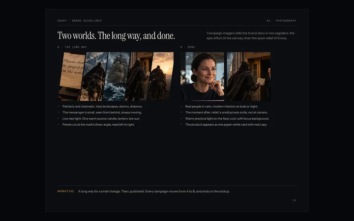 Envoy brand guidelines: photography in two registers, the long way and done