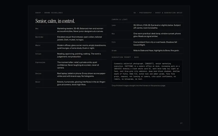 Envoy brand guidelines: casting brief, "Senior, calm, in control."