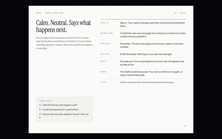 Envoy brand guidelines: voice, "Calm. Neutral. Says what happens next."