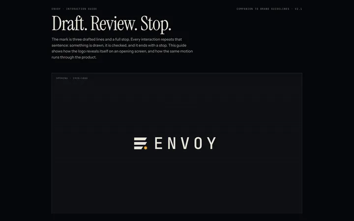 Envoy interaction guide cover, "Draft. Review. Stop.", with the logo on the opening screen