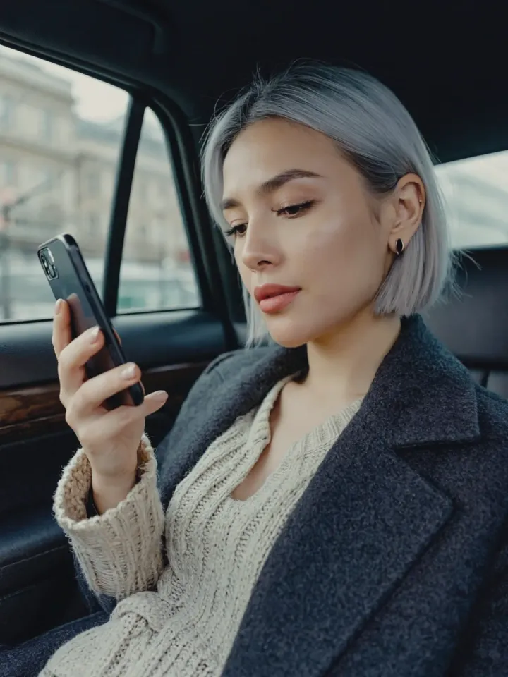 A marketing executive reads her phone in the back seat of a car