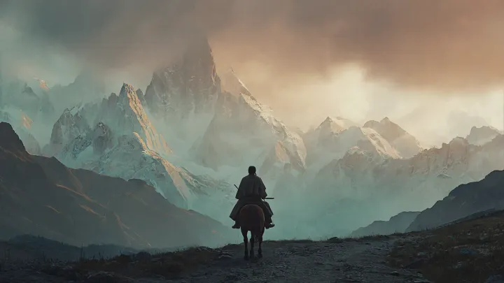 A rider crosses a mountain valley under storm light