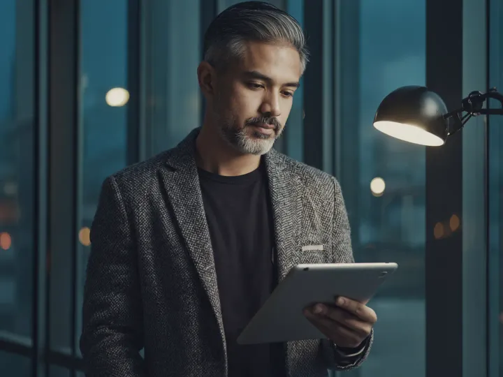 A director of brand reviews a draft on a tablet by an office window at dusk