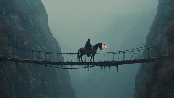 A rider crosses a rope bridge over a gorge