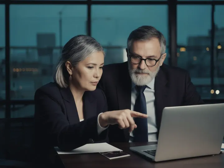 Two marketing executives review a page together on a laptop