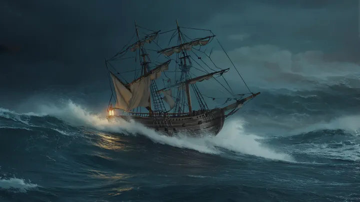 A sailing ship in a storm at sea