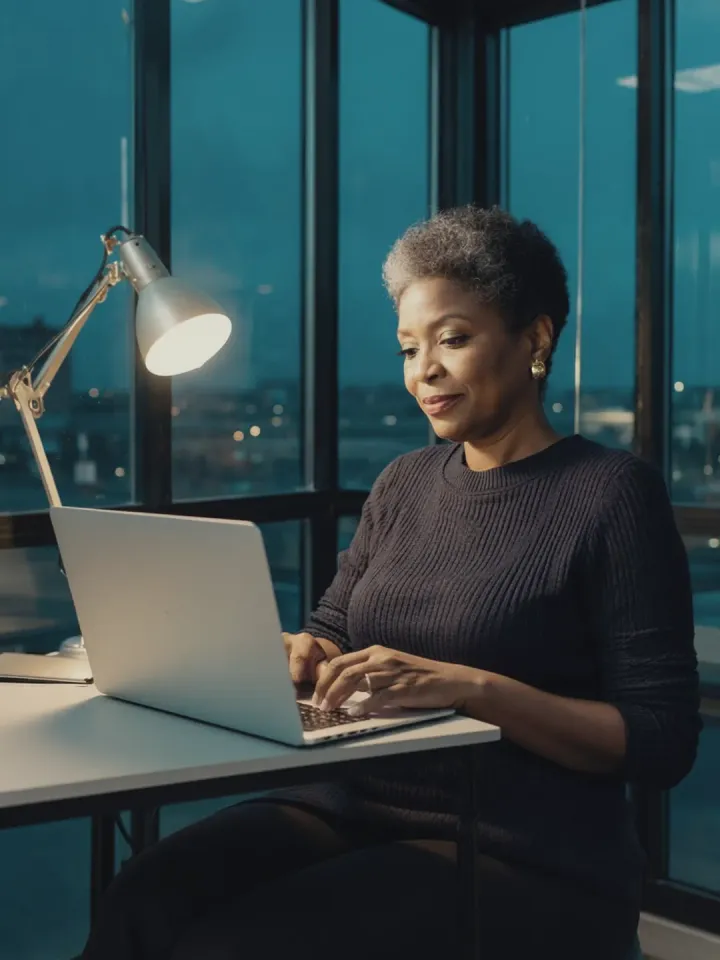 A marketing vice president works on a laptop in a glass corner office at dusk