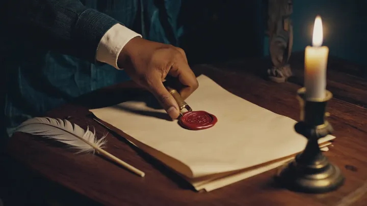 A hand seals a letter with red wax by candlelight