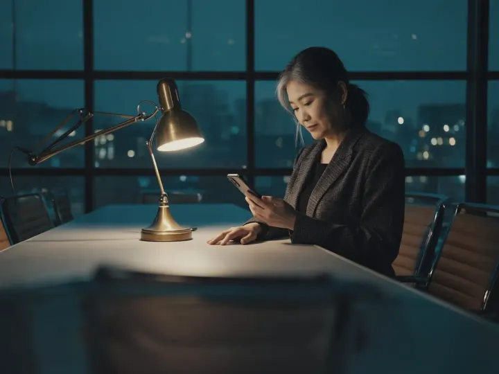 A chief marketing officer checks her phone in an empty boardroom