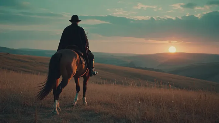 A rider rides home across open country at sunset