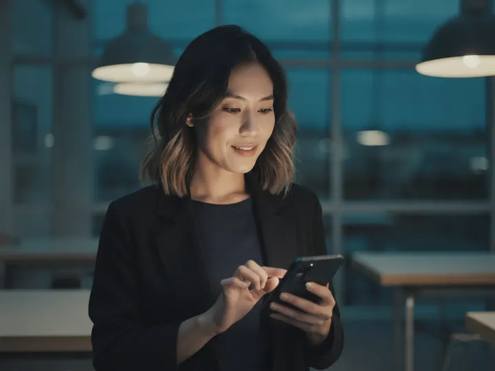 A director of growth glances at her phone in an open office