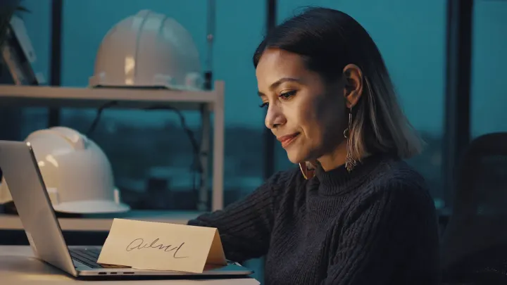 A construction marketing director reviews a draft at her desk, hard hats on the shelf behind