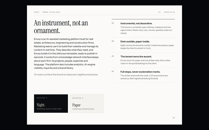Envoy brand guidelines: principles, "An instrument, not an ornament.", with the definition of Envoy